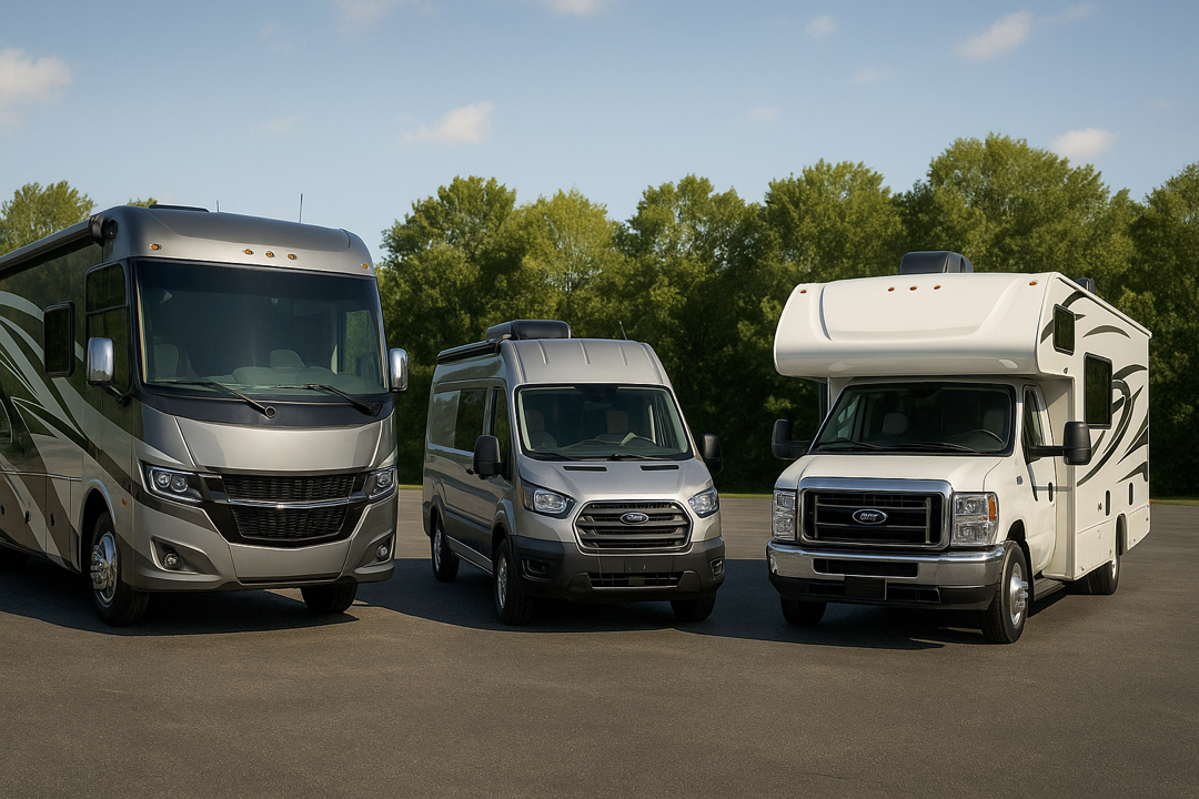 3 Véhicules Récréatif stationnés devant un camping.