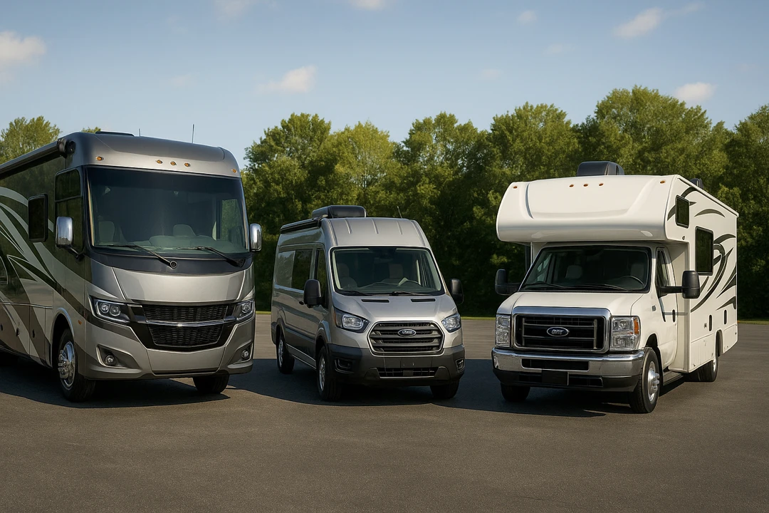 3 Véhicules Récréatif stationnés devant un camping.