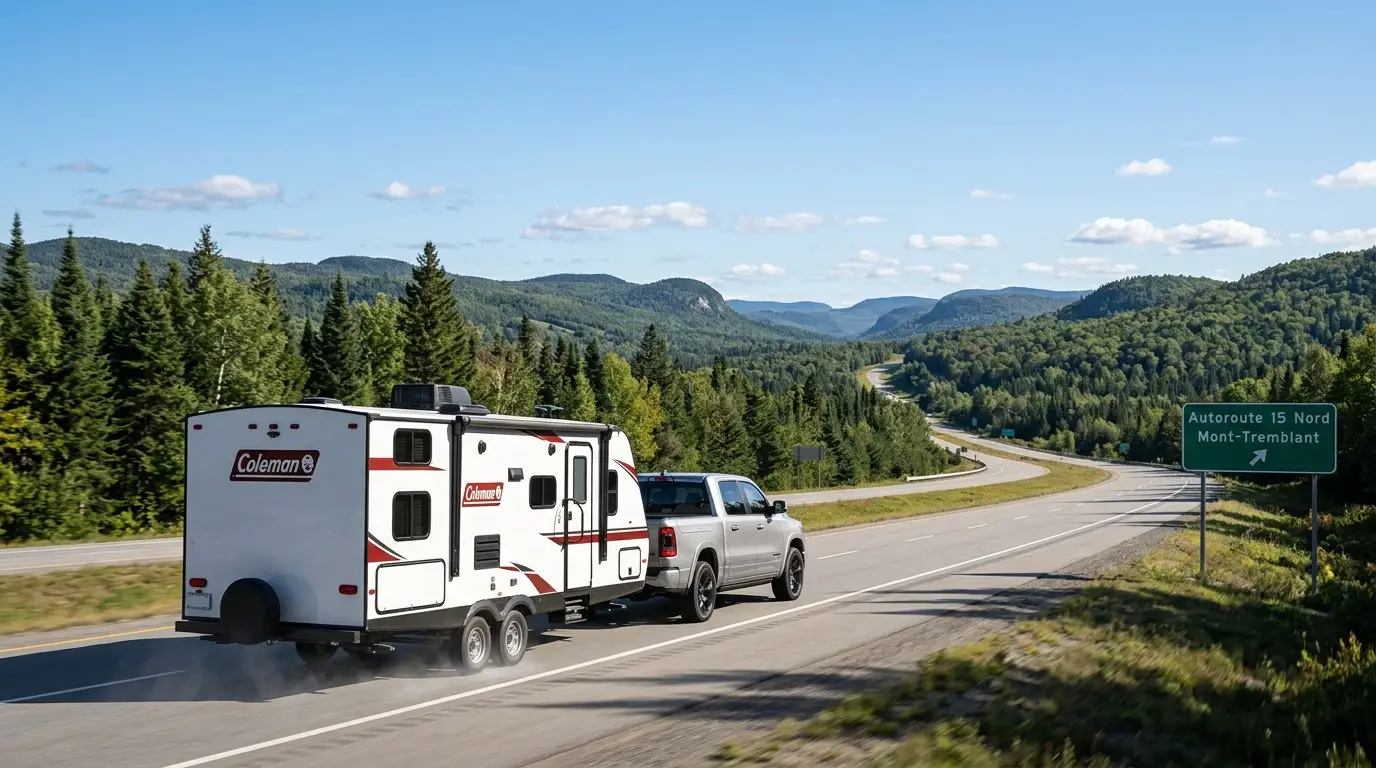Roulotte Coleman tractée par un Ram 1500 sur une autoroute bordée de montagnes et de forêt au Québec.